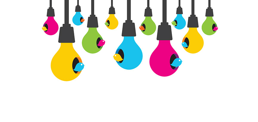 birds hanging in coloured lightbulbs tweeting to each other